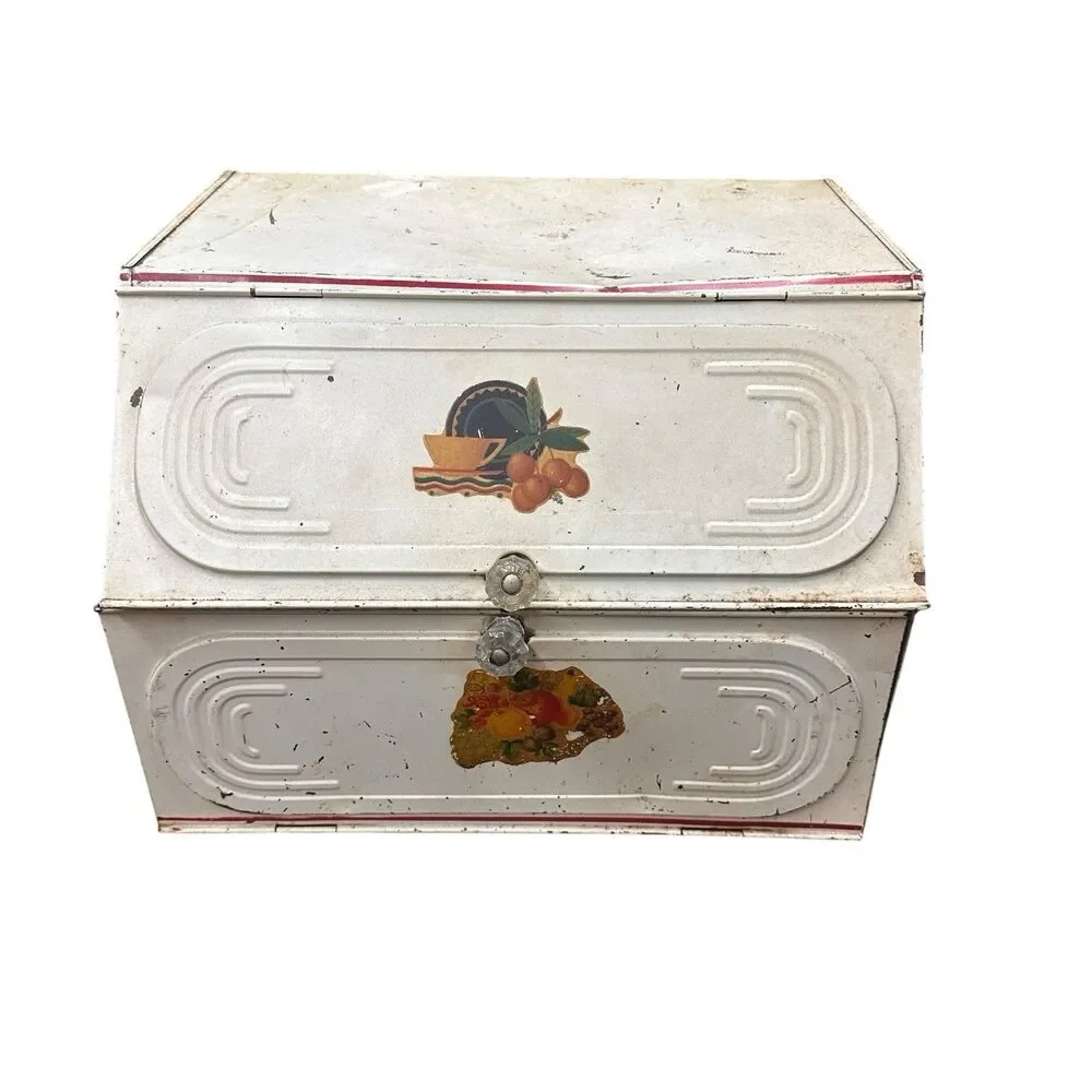 Metal Bread Box Pie Safe Cabinet White Red Trim  For Restoration